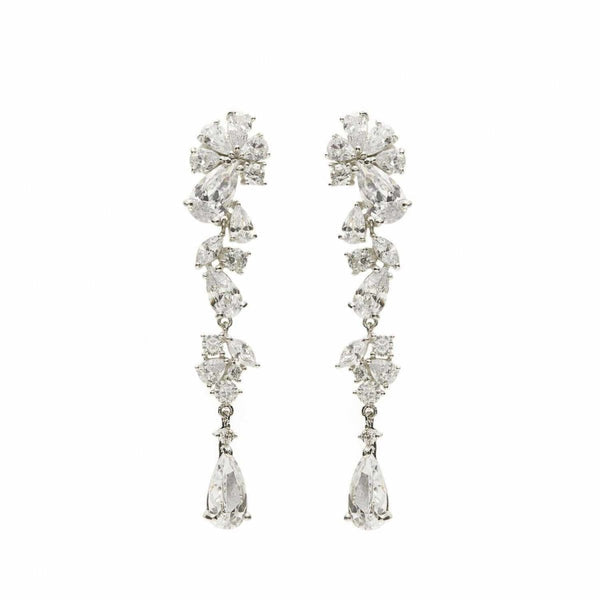 Long Silver Bridal Earrings with Sparkling Mobiles and Cascade