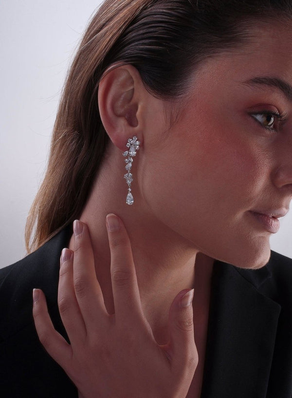 Long Silver Bridal Earrings with Sparkling Mobiles and Cascade