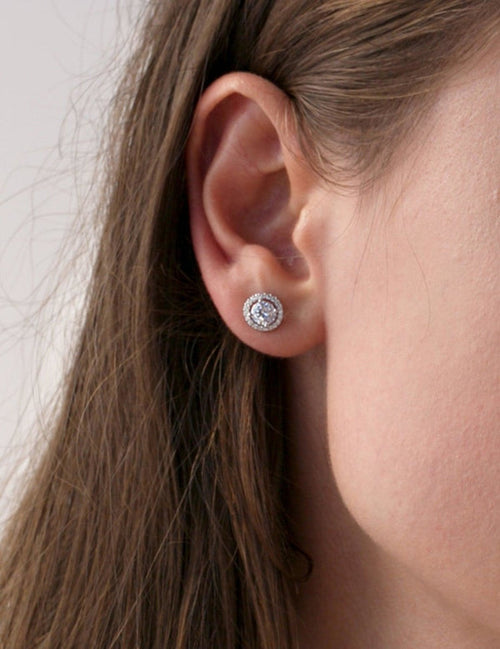 Small Silver Shiny Earrings with Round Motif and 8 mm Zirconia