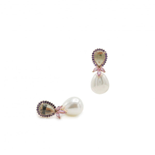 Silver Pearl Earrings with Green Drop Design and Pink Petals