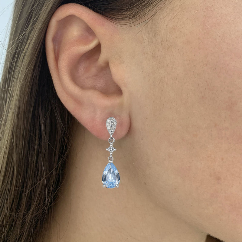 Short Bridal Earrings with Oval Rosette Drop and Aquamarine Zirconia