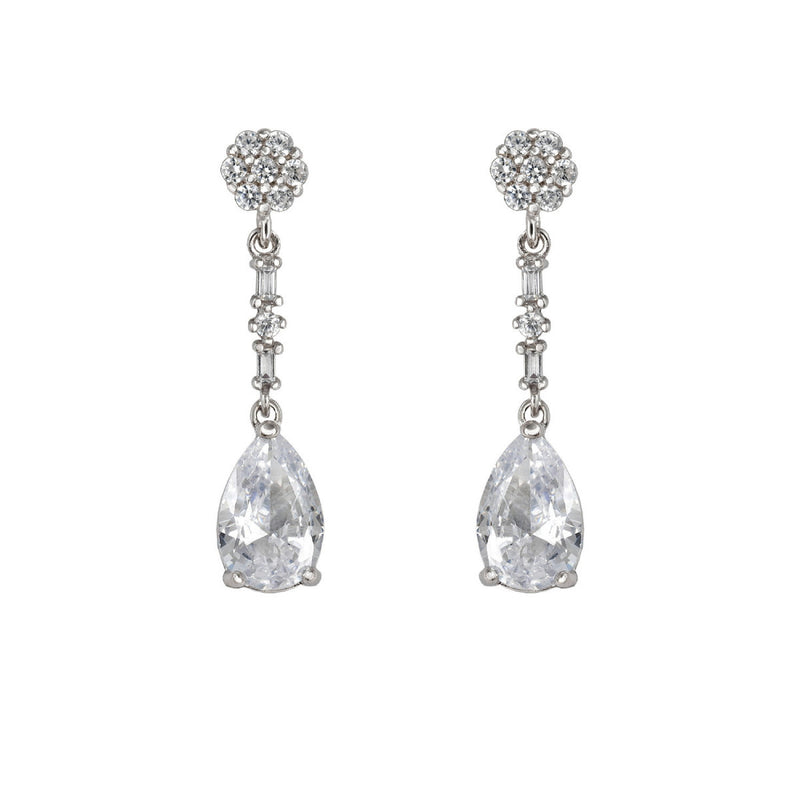 Short Bridal Earrings with Zirconia Drop and Rosette