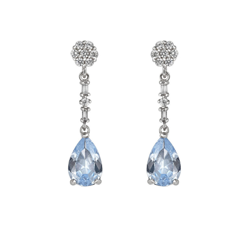 Short Bridal Earrings Aquamarine Zirconia Drop Rosette