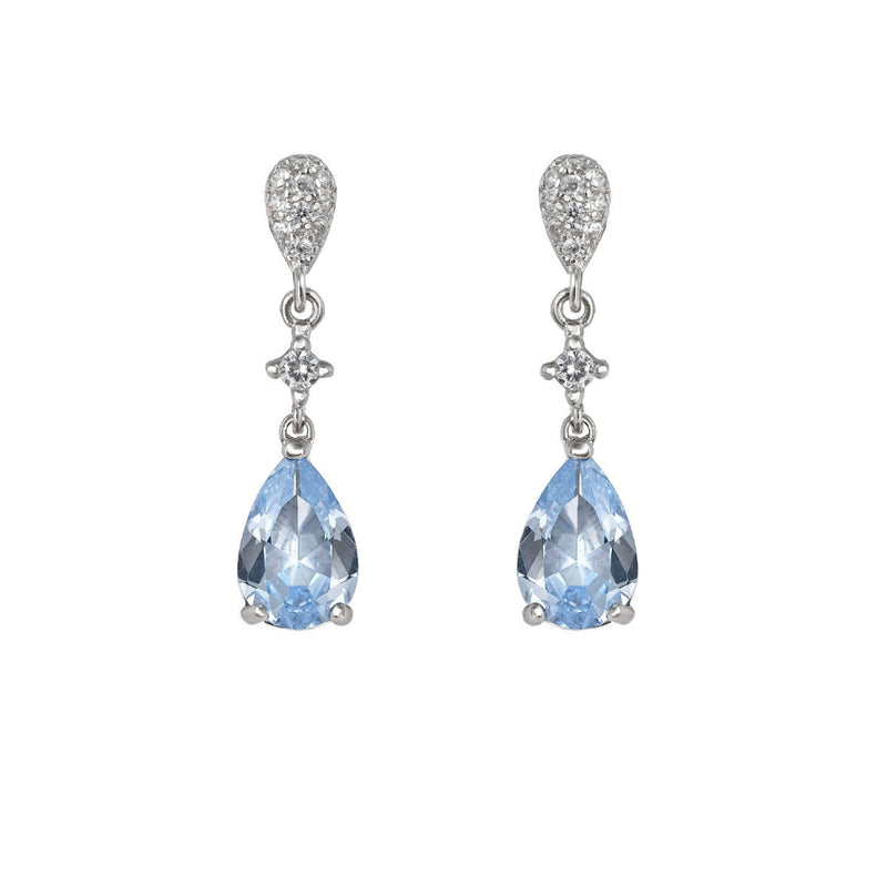 Short Bridal Earrings with Oval Rosette Drop and Aquamarine Zirconia