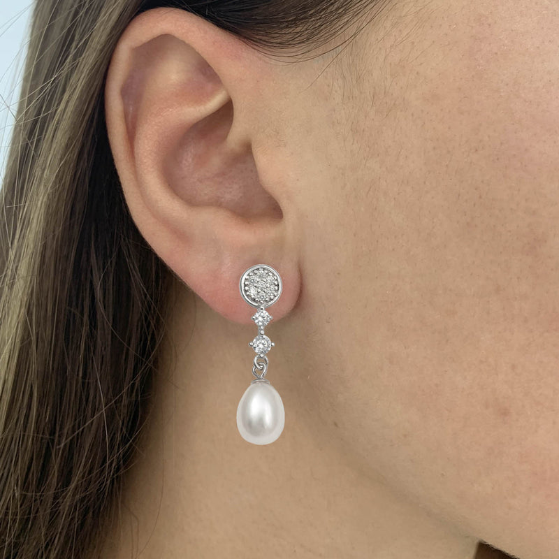 Short Bridal Earrings Pearl Zirconia Rosette