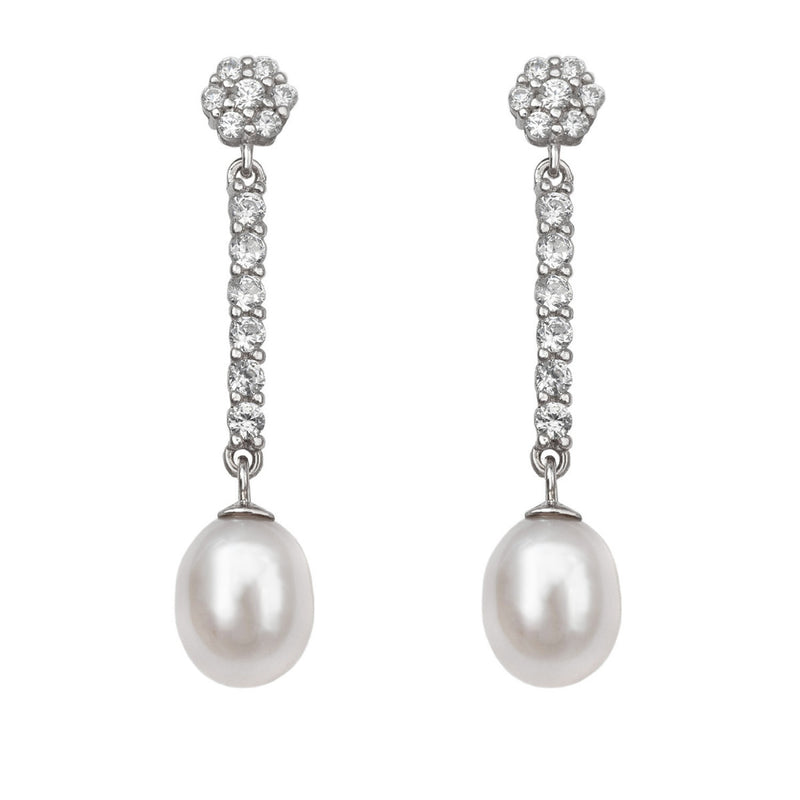 Boucles d'Oreilles Mariée Bar Pavé Zircone Perle Rosette