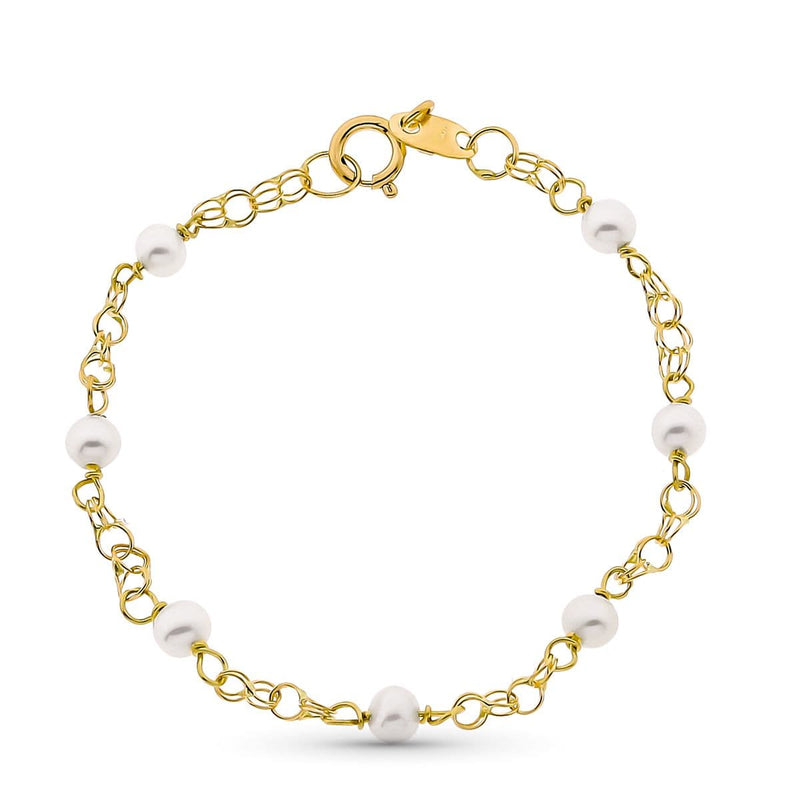 Bracelet Fille Or Jaune 18 Carats Perles 3 mm et Chaîne Hongroise Longueur 12 cm
