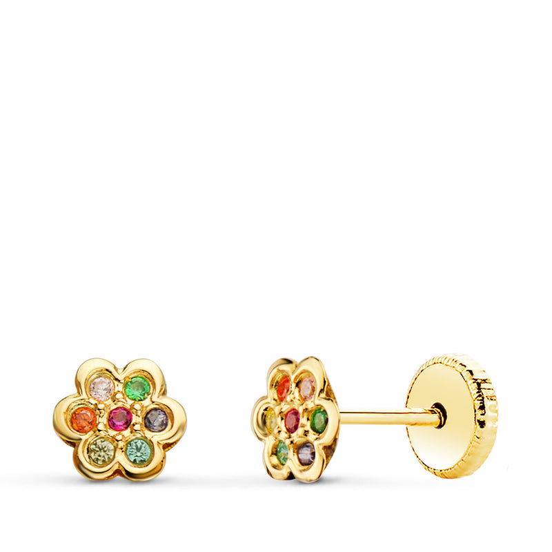 18K Yellow Gold Flower Earrings With Colored Zirconia 5x5 mm Nut Closure