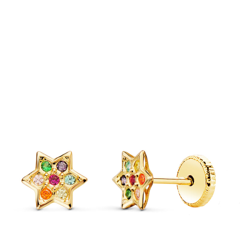 18K Yellow Gold Star Earrings With Colored Zirconia 6x6 mm Nut Closure