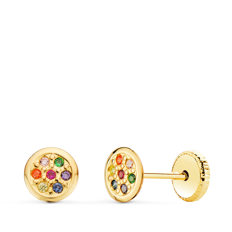 18K Yellow Gold Round Earrings With Colored Zirconia 5.5 mm Nut Closure