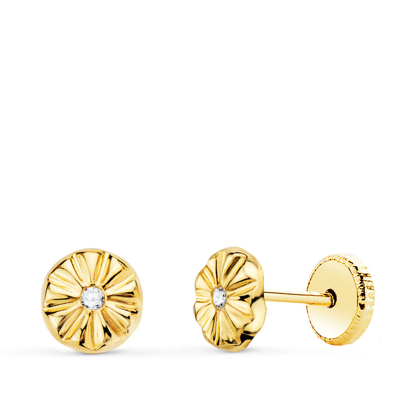 18K Yellow Gold Round Earrings With Zirconia 5 x 5 mm Nut Closure