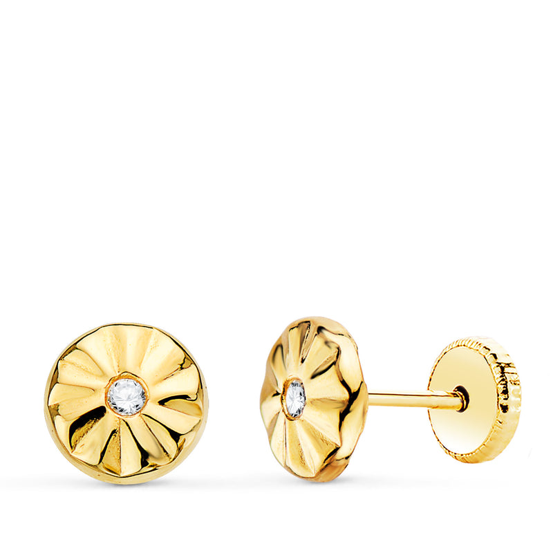 18K Yellow Gold Round Earrings With Zirconia 6.5 mm Nut Closure