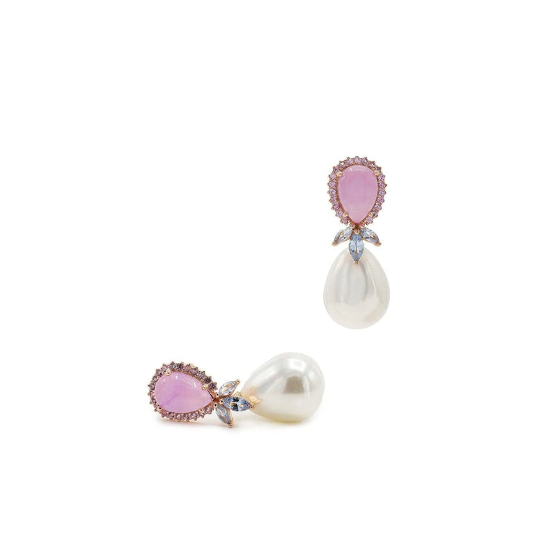 Boucles d'oreilles perles argentées Design Goutte Pendentif Rose et Pétales Lilas